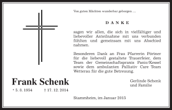Traueranzeige von Frank Schenk von Wetterauer Zeitung, Wetterauer Zeitung