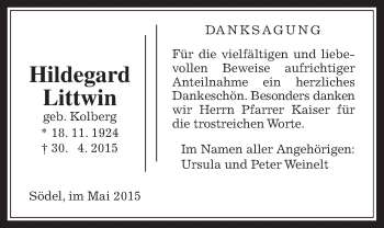 Traueranzeige von Hildegard Littwin von Wetterauer Zeitung, Wetterauer Zeitung
