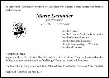 Traueranzeige von Marie Laxander von Licher Wochenblatt, Licher Wochenblatt, Licher Wochenblatt