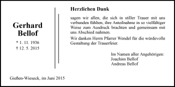 Traueranzeige von Gerhard Bellof von Gießener Allgemeine, Alsfelder Allgemeine