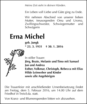 Traueranzeige von Erna Michel von Gießener Allgemeine, Alsfelder Allgemeine