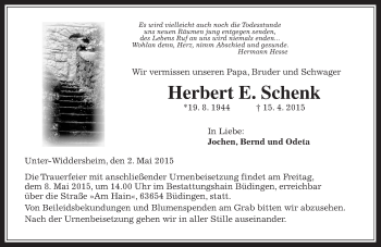 Traueranzeige von Herbert  Schenk von Wetterauer Zeitung, Wetterauer Zeitung