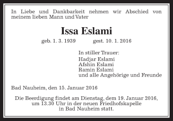 Traueranzeige von Issa Eslami von Wetterauer Zeitung, Wetterauer Zeitung