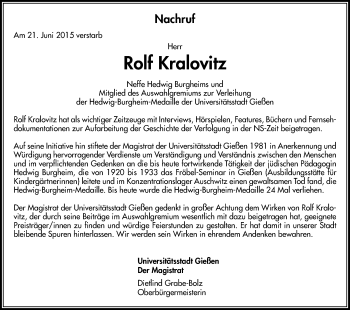 Traueranzeige von Rolf Kralovitz von Gießener Allgemeine, Alsfelder Allgemeine