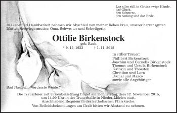 Traueranzeige von Ottilie Birkenstock von Wetterauer Zeitung, Wetterauer Zeitung