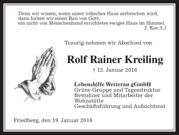 Traueranzeige von Rolf Rainer Kreiling von Wetterauer Zeitung, Wetterauer Zeitung