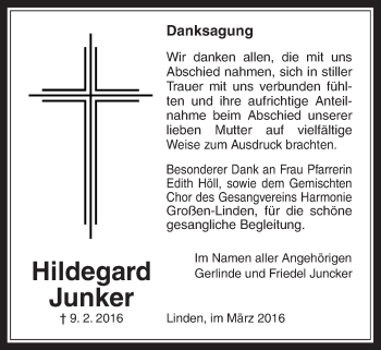Traueranzeige von Hildegard Junker von Gießener Allgemeine, Alsfelder Allgemeine
