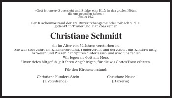 Traueranzeige von Christiane Schmidt von Wetterauer Zeitung, Wetterauer Zeitung