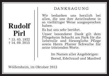 Traueranzeige von Rudolf Pirl von Wetterauer Zeitung, Wetterauer Zeitung