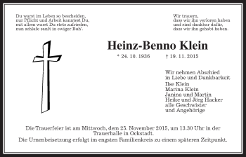 Traueranzeige von Heinz-Benno Klein von Wetterauer Zeitung, Wetterauer Zeitung