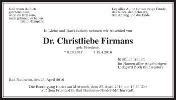 Traueranzeige von Christliebe Firmans von Wetterauer Zeitung, Wetterauer Zeitung