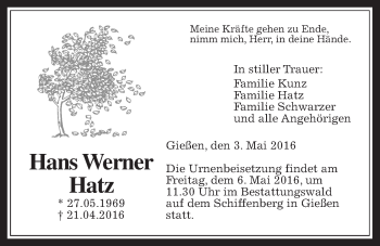 Traueranzeige von Hans Werner Hatz von Gießener Allgemeine, Alsfelder Allgemeine