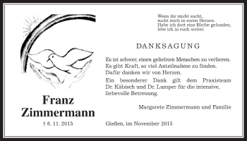 Traueranzeige von Franz Zimmermann von Gießener Allgemeine, Alsfelder Allgemeine