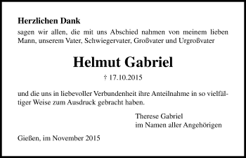 Traueranzeige von Helmut Gabriel von Gießener Allgemeine, Alsfelder Allgemeine