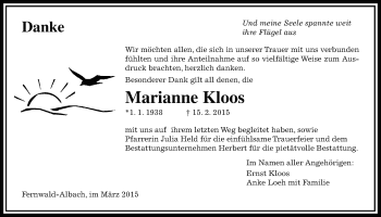 Traueranzeige von Marianne Kloos von Licher Wochenblatt, Licher Wochenblatt, Licher Wochenblatt