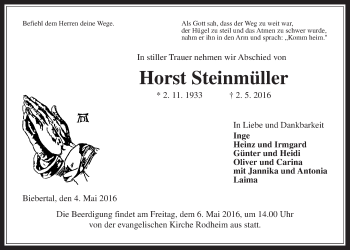 Traueranzeige von Horst Steinmüller von Gießener Allgemeine, Alsfelder Allgemeine