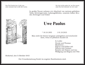 Traueranzeige von Uwe Paulus von Gießener Allgemeine, Alsfelder Allgemeine