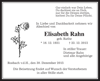 Traueranzeige von Elisabeth Rahn von Wetterauer Zeitung, Wetterauer Zeitung