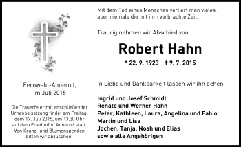 Traueranzeige von Robert Hahn von Gießener Allgemeine, Alsfelder Allgemeine
