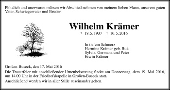 Traueranzeige von Wilhelm Krämer von Gießener Allgemeine, Alsfelder Allgemeine