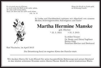 Traueranzeige von Martha Hermine Manske von Wetterauer Zeitung, Wetterauer Zeitung