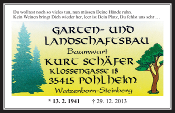 Traueranzeige von Kurt Schäfer von Gießener Allgemeine, Alsfelder Allgemeine