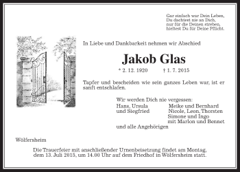 Traueranzeige von Jakob Glas von Wetterauer Zeitung, Wetterauer Zeitung