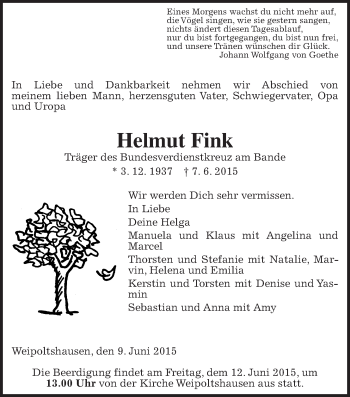 Traueranzeige von Helmut Fink von Gießener Allgemeine, Alsfelder Allgemeine