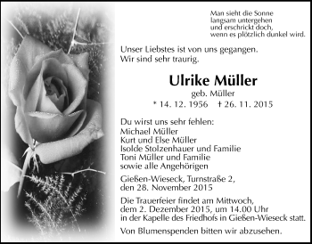 Traueranzeige von Ulrike Müller von Gießener Allgemeine, Alsfelder Allgemeine