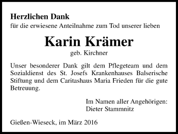 Traueranzeige von Karin Krämer von Gießener Allgemeine, Alsfelder Allgemeine