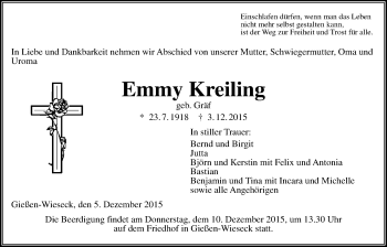Traueranzeige von Emmy Kreiling von Gießener Allgemeine, Alsfelder Allgemeine
