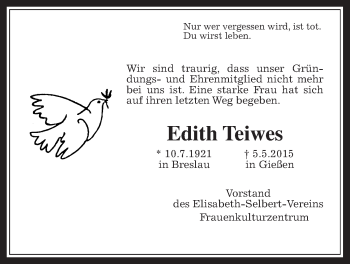 Traueranzeige von Edith Teiwes von Gießener Allgemeine, Alsfelder Allgemeine