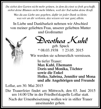 Traueranzeige von Dorothea Kuhl von Gießener Allgemeine, Alsfelder Allgemeine
