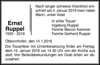 Traueranzeige von Ernst Ruppel von Licher Wochenblatt, Licher Wochenblatt, Licher Wochenblatt