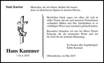 Traueranzeige von Hans Kammer von Licher Wochenblatt, Licher Wochenblatt, Licher Wochenblatt