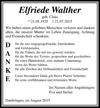 Traueranzeige von Elfriede Walther von Gießener Allgemeine, Alsfelder Allgemeine