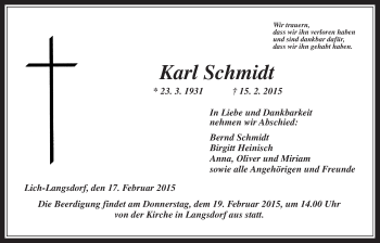Traueranzeige von Karl Schmidt von Gießener Allgemeine, Alsfelder Allgemeine