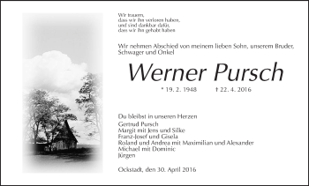 Traueranzeige von Werner Pursch von Wetterauer Zeitung, Wetterauer Zeitung