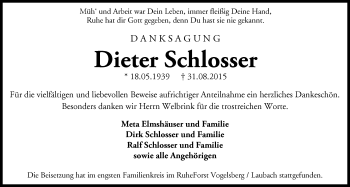 Traueranzeige von Dieter Schlosser von Gießener Allgemeine, Alsfelder Allgemeine