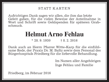 Traueranzeige von Helmut Arno Fehlau von Wetterauer Zeitung, Wetterauer Zeitung
