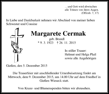 Traueranzeige von Margarete Cermak von Gießener Allgemeine, Alsfelder Allgemeine