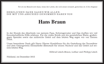 Traueranzeige von Hans Braun von Wetterauer Zeitung, Wetterauer Zeitung