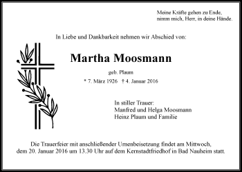 Traueranzeige von Martha Moosmann von Wetterauer Zeitung, Wetterauer Zeitung