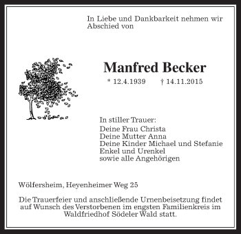 Traueranzeige von Manfred Becker von Wetterauer Zeitung, Wetterauer Zeitung