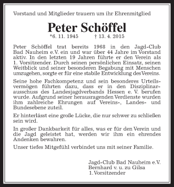 Traueranzeige von Peter Schöffel von Wetterauer Zeitung, Wetterauer Zeitung