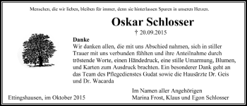 Traueranzeige von Oskar Schlosser von Licher Wochenblatt, Licher Wochenblatt, Licher Wochenblatt