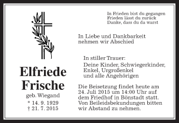 Traueranzeige von Elfriede Frische von Wetterauer Zeitung, Wetterauer Zeitung