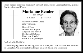 Traueranzeige von Marianne Bender von Gießener Allgemeine, Alsfelder Allgemeine