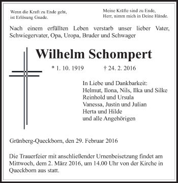 Traueranzeige von Wilhelm Schompert von Gießener Allgemeine, Alsfelder Allgemeine