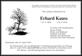 Traueranzeige von Erhard Kauss von Alsfelder Allgemeine